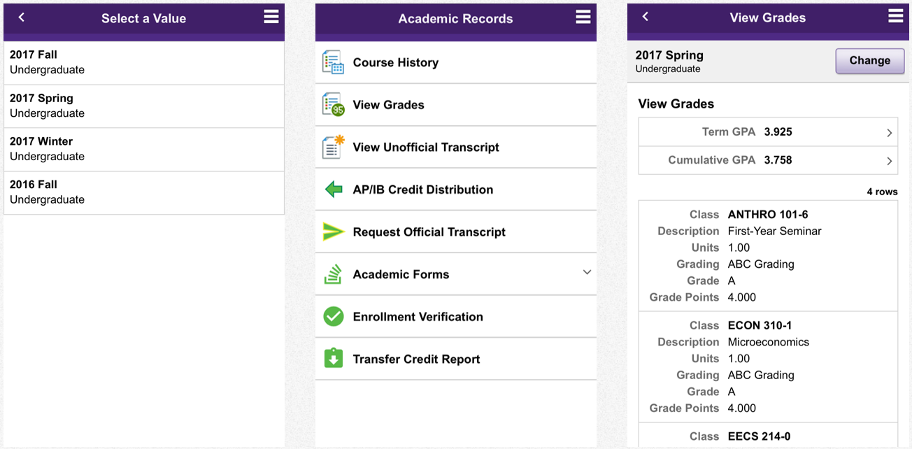 screenshots of view grades pages
